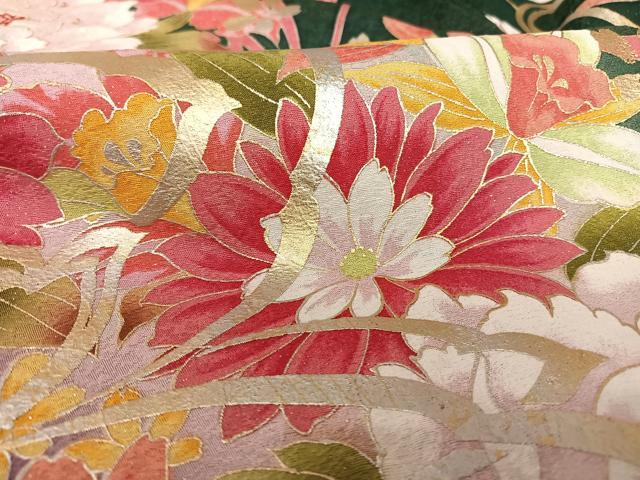 平和屋着物○豪華振袖 刺繍 花蝶文 暈し染め 金銀彩 銀