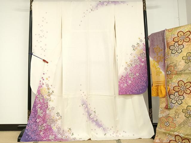 平和屋着物●豪華振袖・袋帯・帯揚げ・帯締めセット　舞桜　暈し染め　金糸　金彩　銀通し地　正絹　逸品　AAAT3154np