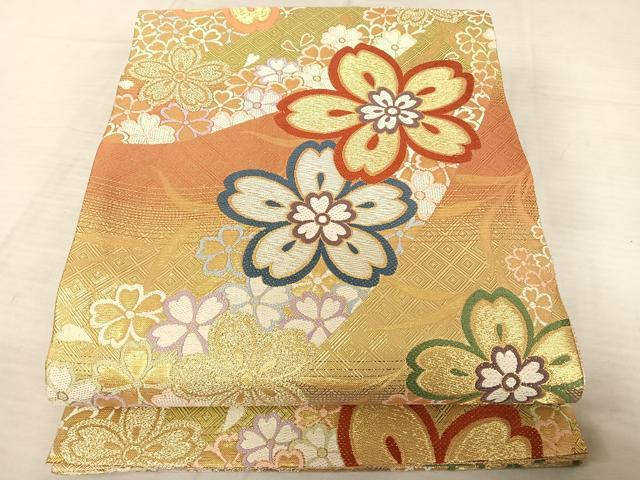 平和屋着物●豪華振袖・袋帯・帯揚げ・帯締めセット　舞桜　暈し染め　金糸　金彩　銀通し地　正絹　逸品　AAAT3154np 平和屋着物○豪華振袖・袋帯・帯揚げ・帯締めセット 舞桜 暈し染め 金糸