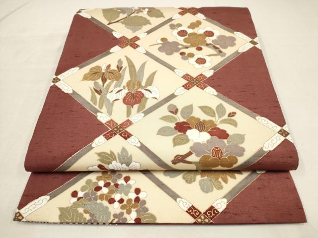 平和屋着物●両面　全通柄袋帯　紬地　草花菱文　梅　金彩　正絹　逸品　AAAT3728wj