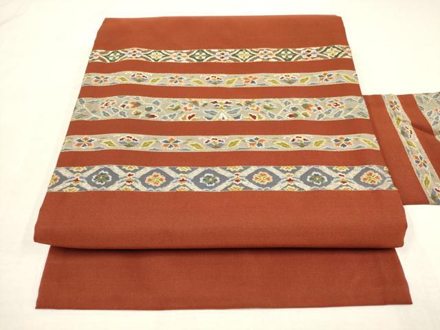 平和屋着物●明綴れ　九寸名古屋帯　横段花唐草菱文　金糸　正絹　逸品　AAAT3730wj