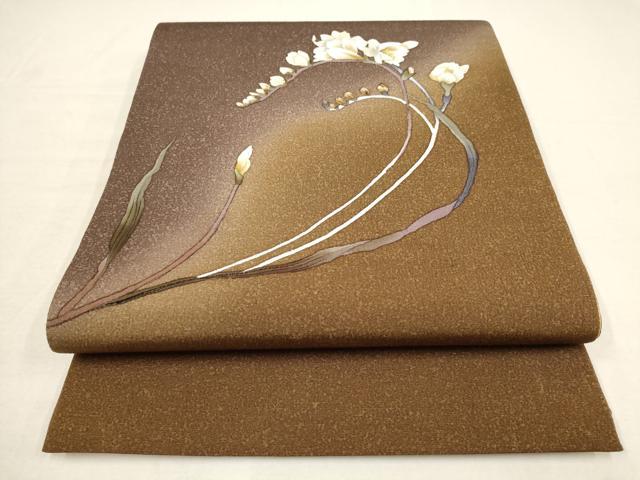 平和屋着物●西陣　京都友禅作家集団　名門　倉染匠　一乃倉　太鼓柄袋帯　手描き　燿変フリージア　反端付き　正絹　逸品　AAAT3758wj