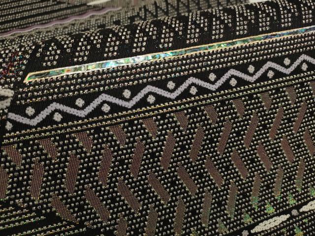 平和屋着物○西陣織の名工 月山英雄 螺鈿輪奈織 六通柄袋帯 裂取文様
