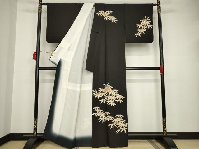 平和屋着物●訪問着　駒刺繍　笹竹文　雪芝　黒地　金彩　正絹　逸品　AAAT5105ck 平和屋着物○訪問着 駒刺繍 笹竹文 雪芝 黒地 金彩 正絹 逸品