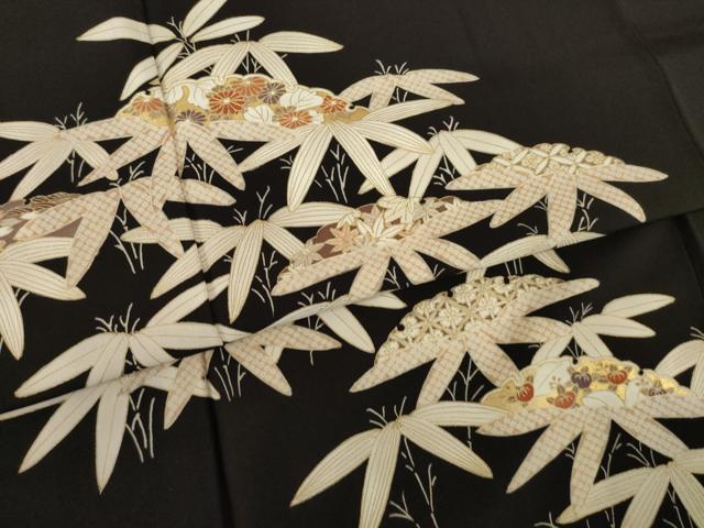 平和屋着物○訪問着 駒刺繍 笹竹文 雪芝 黒地 金彩 正絹 逸品