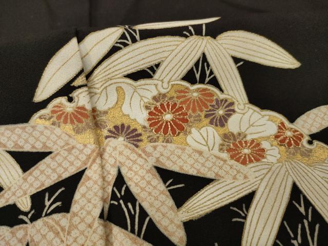 平和屋着物○訪問着 駒刺繍 笹竹文 雪芝 黒地 金彩 正絹 逸品