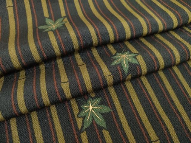 平和屋着物●上質な小紋　竹縞　楓　黒地　金彩　正絹　逸品　AAAT5154ck