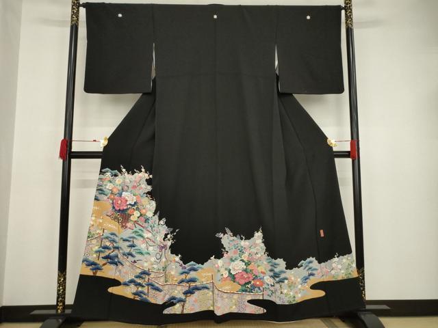 平和屋着物●本加賀友禅作家　奥原一就　黒留袖　花車文　正絹　逸品　AAAT5158ck