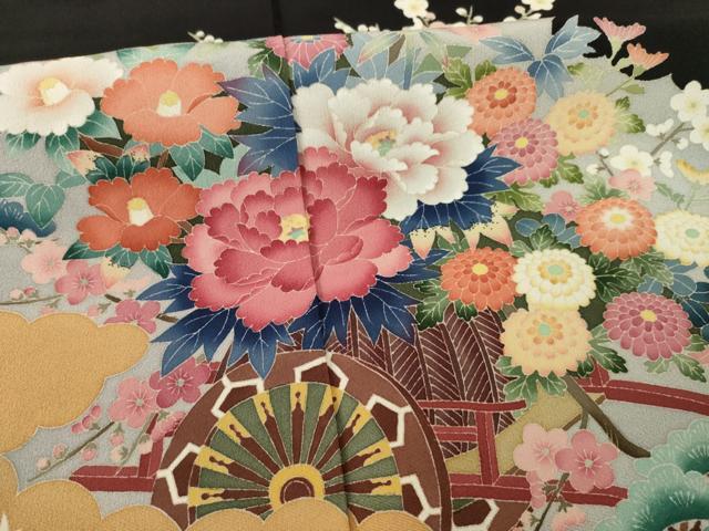 平和屋着物●本加賀友禅作家　奥原一就　黒留袖　花車文　正絹　逸品　AABD4452ph 平和屋着物○本加賀友禅作家 奥原一就 黒留袖 花車文 正絹