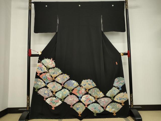 平和屋着物●本加賀友禅作家　奥原一就　黒留袖　扇面草花文　正絹　逸品　未使用　AAAT5163ck