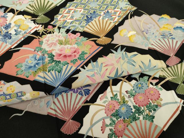 平和屋着物●本加賀友禅作家　奥原一就　黒留袖　扇面草花文　正絹　逸品　未使用　AAAT5163ck 平和屋着物○本加賀友禅作家 奥原一就 黒留袖 扇面草花文