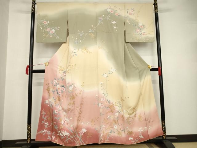 平和屋着物●訪問着　草花文　暈し染　金銀彩　正絹　逸品　AAAT5169ck