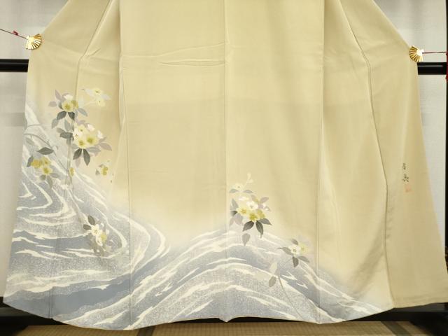 平和屋着物○訪問着 流水枝花文 暈し染め 金彩 正絹 逸品