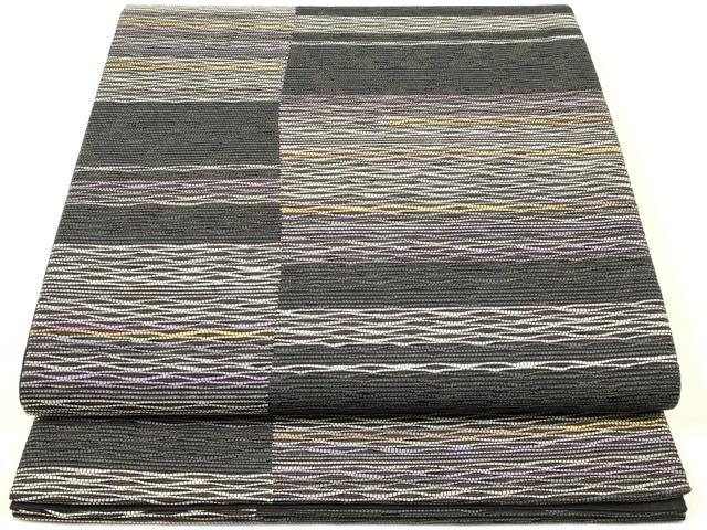 平和屋本店●六通柄袋帯　雨の日美和　横段文　和紙　黒地　金糸　正絹　逸品　AAAT6554ay