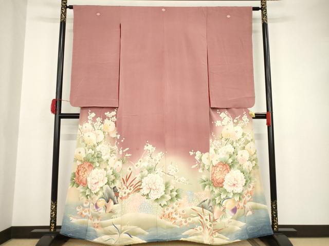 平和屋着物●アンティーク　大正ロマン　色留袖　友禅　相良刺繍　鴛鴦菊牡丹文　暈し染め　正絹　逸品　AAAT6616ck