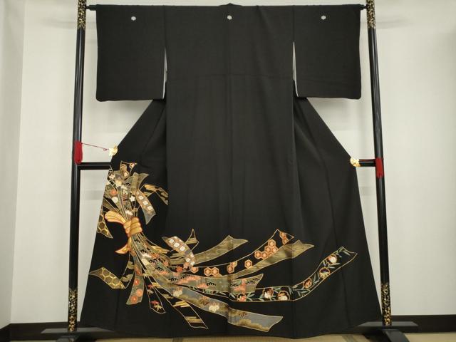 平和屋着物●豪華黒留袖　駒刺繍　束ね熨斗吉祥花文　正絹　逸品　AAAT6643ck