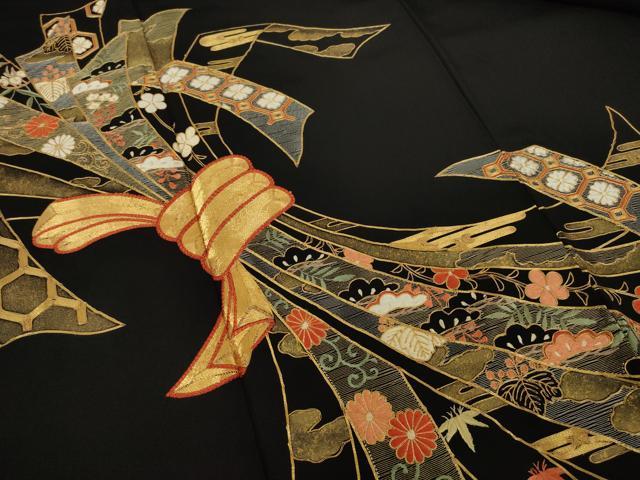 平和屋着物○豪華黒留袖 駒刺繍 束ね熨斗吉祥花文 正絹 逸品
