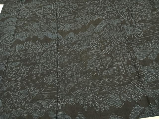 平和屋着物▽本場結城紬 重要無形文化財 単衣 100亀甲 風景文