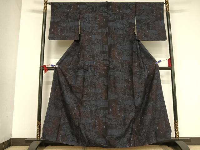 平和屋着物●本場結城紬　重要無形文化財　80亀甲　風景花文　正絹　逸品　AAAT9432np