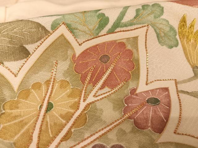 平和屋着物○摺型友禅 訪問着 駒刺繍 草花文 金彩 正絹 逸品