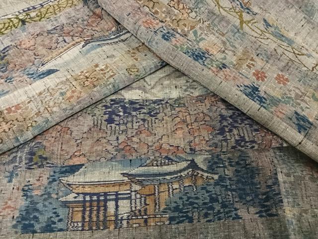 平和屋着物●本場小千谷紬　横段風景花文　正絹　逸品　AAAT9510np