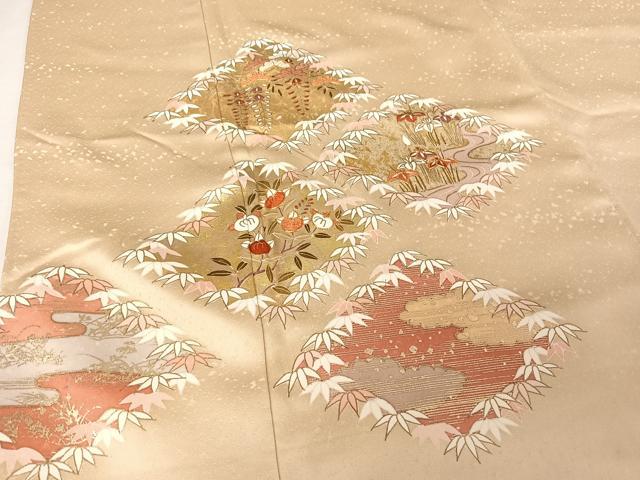 平和屋着物●銀座きしや　色留袖　駒刺繍　笹取草花文　金糸　金彩　たとう紙付き　正絹　逸品　AAAU0052np 平和屋着物○銀座きしや 色留袖 駒刺繍 笹取草花文