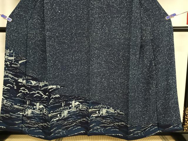 平和屋着物●藍造り国選定無形文化財　藍師・佐藤昭人　訪問着　風景文　認定証・反端付き　正絹　逸品　AAAU0057np 平和屋着物○藍造り国選定無形文化財 藍師・佐藤昭人