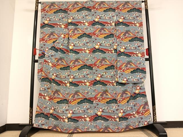 平和屋着物●浦野理一　紅型　振袖　飛鶴松竹梅　鬼しぼ縮緬　正絹　逸品　AAAU0075np