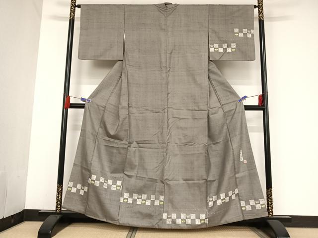 平和屋着物●手彫木版染　佐伯武晴　訪問着　紬地　風景文　正絹　逸品　AAAU0130np