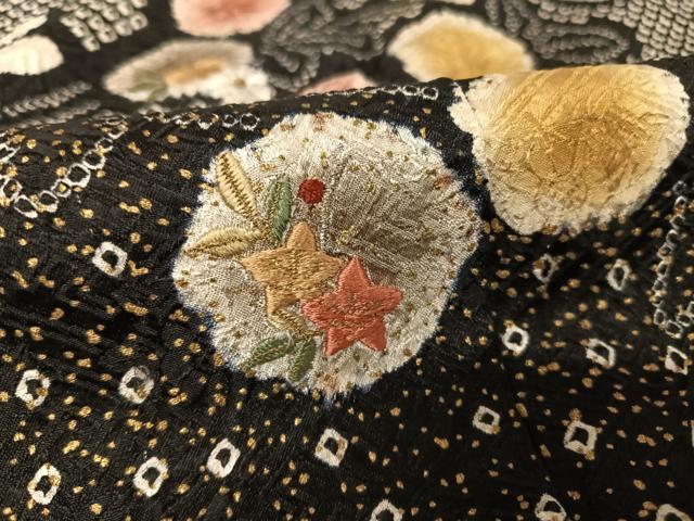 平和屋着物○訪問着 刺繍 総絞り 吉祥草花文 黒地 正絹 逸品 未