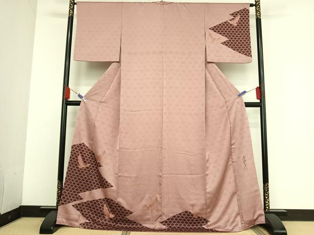 平和屋着物●染色作家　斉藤三才　訪問着　三才鳥地紋　暈し染め　ロング丈　正絹　逸品　AAAW9274zg 平和屋着物○染色作家 斉藤三才 訪問着 三才鳥地紋 暈し染め