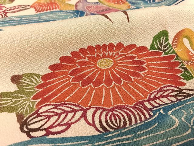 平和屋着物○紅型 小紋 流水花鳥文 鬼しぼ縮緬 正絹 逸品 AAAU0217np
