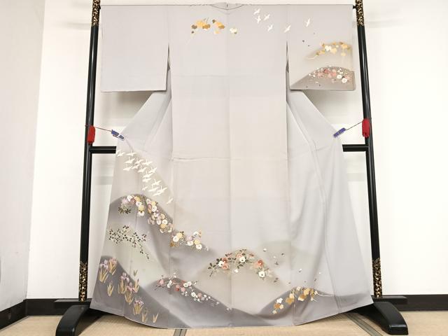 平和屋着物●訪問着　友禅　遠山飛鶴花文　暈し染め　金彩　正絹　逸品　AAAU0336np