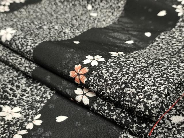 平和屋着物▽小紋　単衣　舞桜間道　黒地　洗える着物　AAAU0916iu