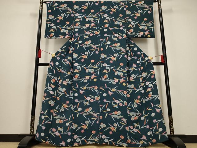 平和屋着物▽上質な小紋 単衣 型染め 花鳥文 鬼しぼ縮緬