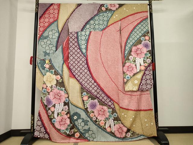 平和屋着物▼豪華振袖　総絞り　草花文　正絹　逸品　AAAU4837ck