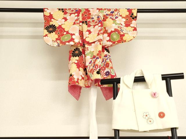 橙と水色の暈しに折り鶴、花丸文 3歳着物・長襦袢・お被布セット