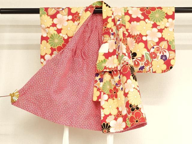 橙と水色の暈しに折り鶴、花丸文 3歳着物・長襦袢・お被布セット