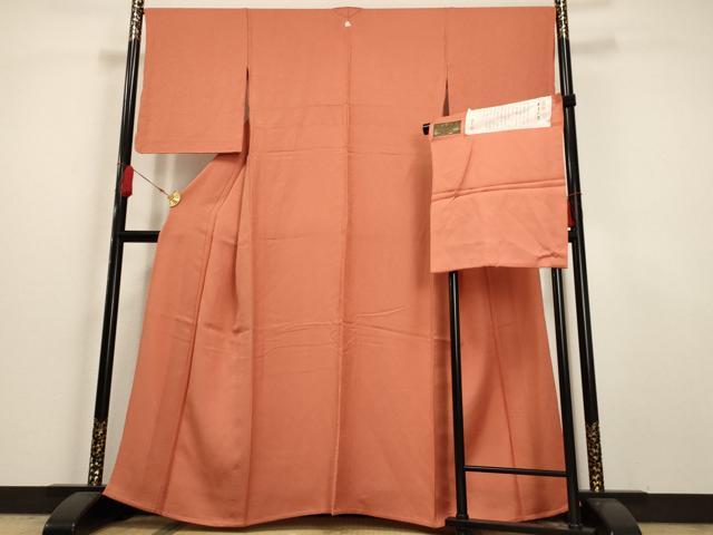 平和屋着物▽上質な色無地　単衣　煉瓦色　本草木染　反端付き　正絹　逸品　AAAU6441iu 平和屋着物▽上質な色無地 単衣 煉瓦色 本草木染 反端