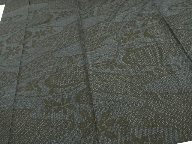 平和屋着物▽結城紬 単衣 100亀甲 霞取り花文 正絹 逸品 AAAU7953fy