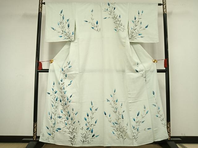平和屋着物▽訪問着　単衣　紬地　手描き　草花文　正絹　逸品　AAAU7997fy
