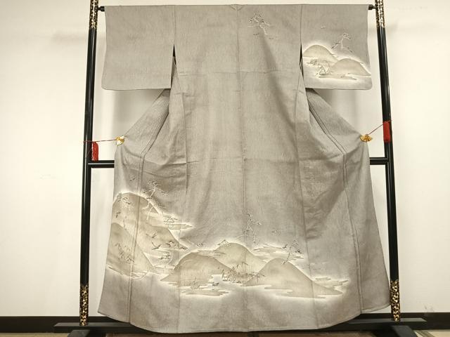 平和屋着物▽訪問着　単衣　ふくれ織　飛鶴風景文　正絹　逸品　AAAU7999fy