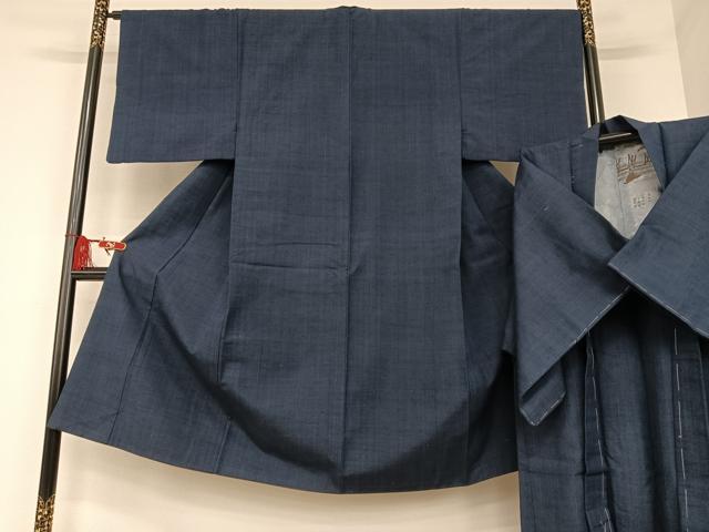 平和屋着物●男性　紬　アンサンブル　色無地　鉄紺色　正絹　逸品　AAAU8037zg