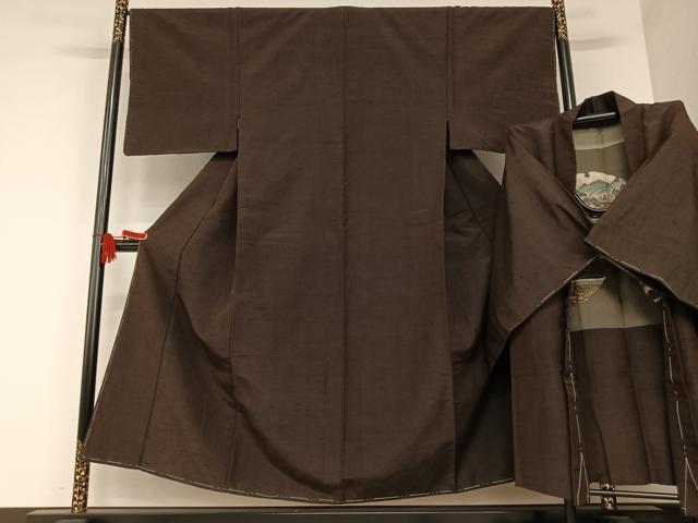 平和屋着物●男性　紬　アンサンブル　色無地　黒鳶色　正絹　逸品　AAAU8038zg