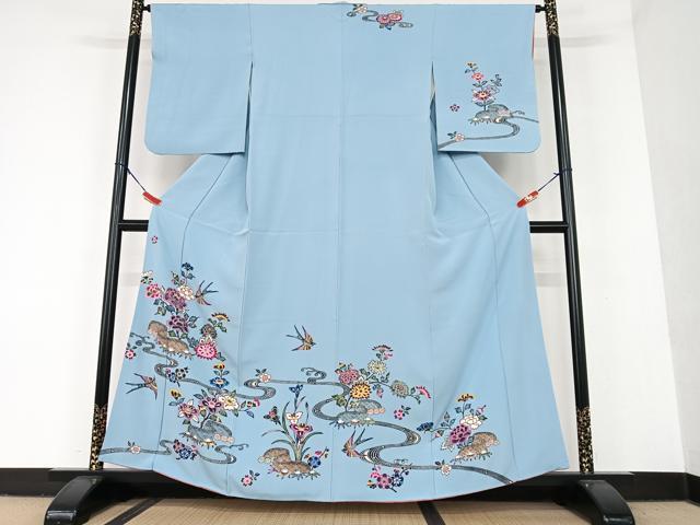 平和屋着物●本場琉球紅型　訪問着　流水花鳥文　正絹　逸品　AAAU8131zg