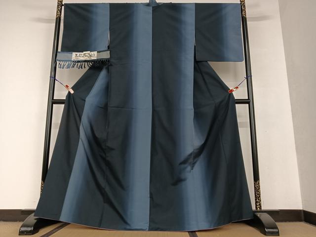 平和屋着物●三彩茶染紬　縞　三唱織物　反端付き　正絹　逸品　AAAU8167zg