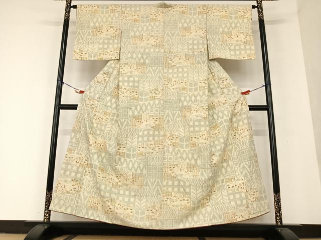 平和屋着物○結城紬 100亀甲 風景草花文 正絹 逸品 AAAV7360zg