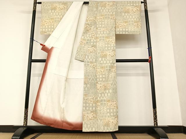 平和屋着物○本場結城紬 重要無形文化財 100亀甲 流水風景草花文