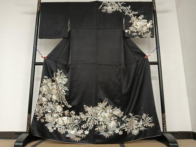 平和屋着物●訪問着　辻が花　地紙重ね花文　黒地　金彩　正絹　逸品　AAAU8206zg