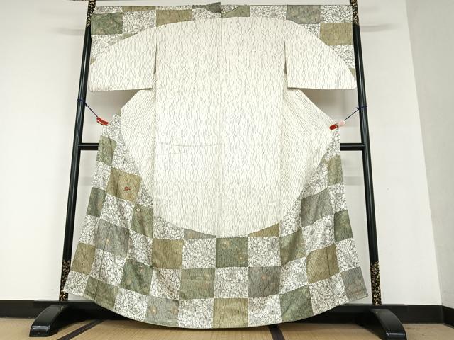 平和屋着物●訪問着　刺繍　市松花文　金彩　正絹　逸品　AAAU8209zg